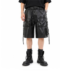 Shorts cargo pour homme en polyester respirant enduit de PU noir, taille mi-haute, fermeture éclair, plusieurs poches, style décontracté, Bermuda - Product Image 5