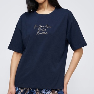 Womens <b>Navy</b> Blue Graphic T Shirt Cotton Drop Shoulder Slogan Crew Neck Loose Tee Apparel Manufacturer Gsm 220 - Product Image 1