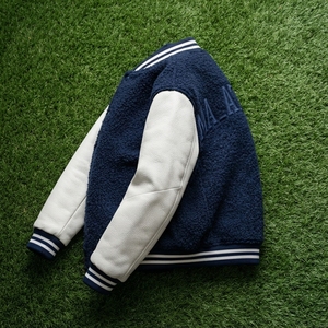 Men's Navy Fleece <b>Jacket</b> with <b>White</b> PU Sleeves Front Logo Casual Style Stand Collar Regular Fit Eco-Friendly Breathable Winter - Product Image 5