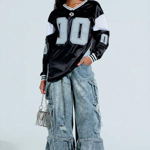 Maillot de football américain noir unisexe surdimensionné à manches longues et col en V, style streetwear, avec broderie personnalisée du numéro - Product Image 1
