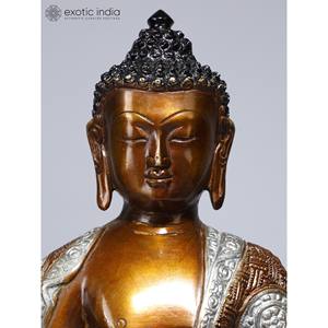 Bouddha de 12 pouces assis dans une statue en laiton de Bhumisparsha Mudra Sculpture élégante de geste touchant la terre - Product Image 3