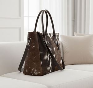 Bolso tote grande de piel de vaca con pelo, color marrón y blanco, piel de vaca auténtica con asas de cuero - Product Image 4