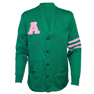 Green Knitted <b>Cardigan</b> With Pink A Letter And Stripes V Neck Long Sleeve Women's Casual Sweater Top - Product Image 1