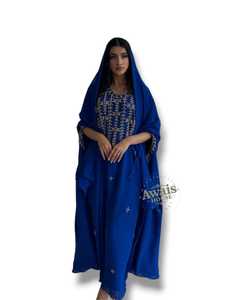 Awais House Blue Embroidered Abaya Long Sleeve Floor Length Modest Dress Women Daily Wear India Pakistan Style Polyester - Product Image 1