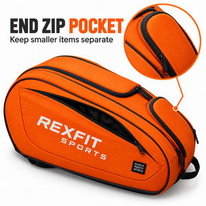 Sac de raquette de squash en orange vif avec panneau avant imprimé personnalisé, plusieurs poches zippées et transport facile pour l'entraînement - Product Image 6