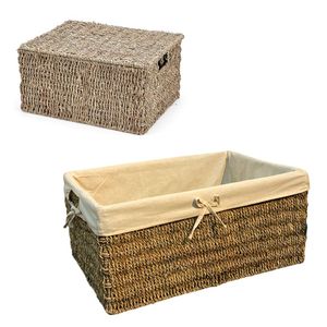 Wicker SEAGRASS STORAGE <b>BASKET</b> <b>with</b> <b>Lid</b> Cotton Liner <b>with</b> Cotton Liner and Metal Frame OEM ODM Storage <b>Basket</b> Manufacturer - Product Image 1