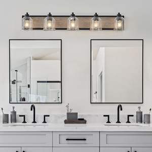 Modern Industrial Design 40" Farmhouse Vanity <b>Light</b> Fixture 5-<b>Light</b> <b>Bathroom</b> Wall Sconce <b>Black</b>-Iron Clear Seeded Glass Shades - Product Image 2