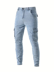 Conjunto de dos piezas de jeans de mezclilla para hombre, suaves, lavados, para las 4 estaciones, de marca moderna, corte ajustado, alta calidad y transpirables. - Product Image 3