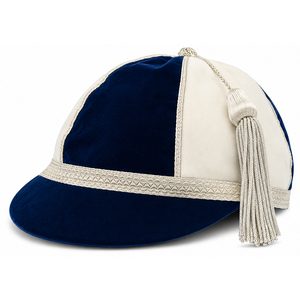 Nouveau produit : Casquette d'honneur bleu marine et blanc en velours avec bordure tressée argentée et pompon – Casquette classique pour l'école, les équipes sportives et les récompenses de présentation - Product Image 1