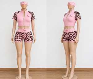 Custom Logo Women's 2 Piece <b>Set</b> Leopard Print Zip Up Crop Top High Waist Biker Shorts with Headband OEM Athleisure Wear - Product Image 5
