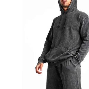 Mens Acid Wash Winter Hooded Solid Tracksuit Gym Wear Jogging Suit Casual Fitness Sportswear Custom Logo Training Set - Product Image 3