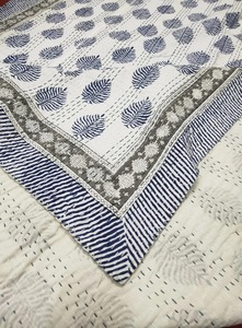 New Beautiful Blue White Hand Block Print Kantha <b>Quilt</b> Indian Cotton Handmade Bedspread Kantha Bedding Throw Kantha Queen/King - Product Image 2