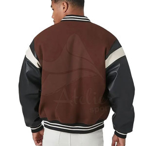 Classic Black <b>Leather</b> Winter Men's Vintage Varsity Letterman <b>Jacket</b> Stand Eco-Friendly Front Chocolate <b>Brown</b> White Buttons - Product Image 2