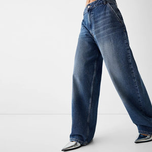 Jeans de Mezclilla de Cintura Alta y Pierna Ancha para Mujer, Lavado a la Piedra, Corte Holgado, Color Sólido, Estilo Casual, Material de Algodón - Product Image 3