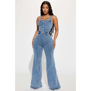 Combinaison en jean taille haute pour femme, manches courtes, col polo, dos nu, coupe droite, longueur intégrale, printemps-été, style streetwear - Product Image 4