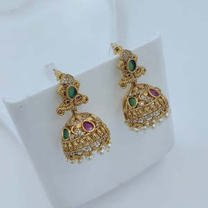 Boucles d'oreilles pendantes de créateur JeweleMarket avec pierre de pot et perle, Jhumki raffiné 10575654PGR - Product Image 1
