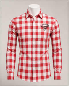 Camisa a cuadros roja y blanca premium personalizada para hombre, de manga larga, de algodón, con botones, de franela, con bolsillo, informal, de corte ajustado. - Product Image 4