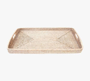 Plateau en rotin blanc naturel lavé, fait main, avec poignées découpées, pour présentation sur table – Vente en gros - Product Image 1