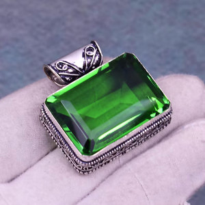 Handcrafted Gold Plated 925 Sterling Silver Emerald Gemstone Large Rectangular Emerald Cut Statement <b>Necklace</b> Wholesale Jewelry - Product Image 1