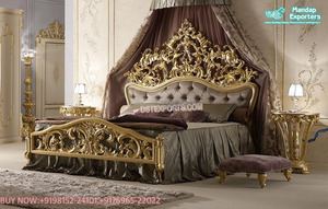 Lit sculpté de style indien traditionnel avec table d'appoint lit sculpté à la main polonais doré avec tables de nuit lit sculpté à la main de style couronne - Product Image 4