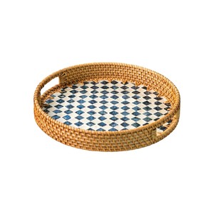 Plateau de service élégant en rotin écologique à motif damier, incrusté de mosaïque de coquillages bleus, créatif pour table basse et plats - Product Image 2