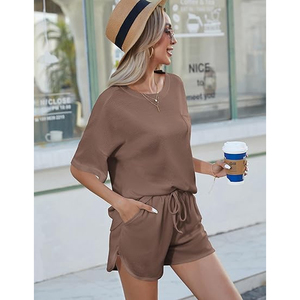 Women Comfortable Waffle <b>Knit</b> Two Piece Outfit Casual Lounge Wear Shorts <b>Set</b> for Ladies - Product Image 5