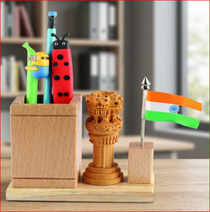 Wooden Desk Organizer Pen Holder with Mini Flag <b>Office</b> <b>Gift</b> Set Custom Corporate Giveaway - Product Image 5