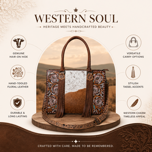 Western Cowhide Leather Tote Bag Hair On Hide Hand Tooled Floral <b>Handbag</b> Boho Shoulder Purse Rustic Ranch Satchel Gift for Women - Product Image 5