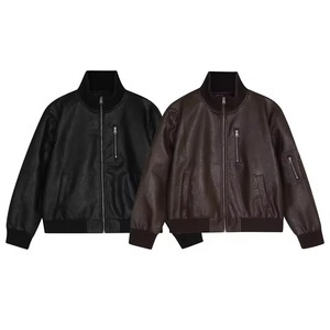 American <b>Retro</b> High-End Biker Style Genuine <b>Leather</b> Stand Collar Embroidered Front Logo <b>Jacket</b> Men's Solid Loose Fit Winter Tops - Product Image 3