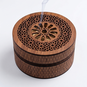Laser Cut Wooden <b>Bakhoor</b> Burner Box Round Shape Arabic <b>Oud</b> Incense Holder Case With Geometric Carved Lid For Home Decoration - Product Image 5