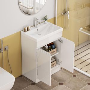 Mobile Bagno da 24 Pollici con Lavabo e Specchio, Armadietto a 2 Ante e Ripiano, Design Unico con Bordo Spesso Senza Maniglie - Product Image 6