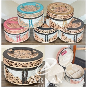 Latest New Arrival Cowhide Jewelry Box Set Floral Design <b>Tooled</b> <b>Leather</b> Makeup Organizer Travel Vanity Case Gift Storage Box Set - Product Image 1