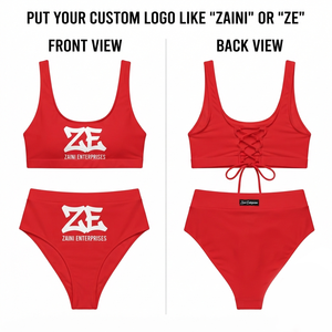 Traje de baño de dos piezas para mujer, rojo, de tela elástica de nailon y spandex de 220 GSM, con logotipo personalizado impreso y cordones. - Product Image 1