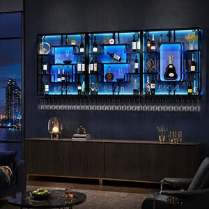 Walnut Wood Asymmetrical Wine Rack Floating <b>Shelf</b> with LED - Wholesale - Product Image 4