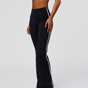 Leggings de Yoga de Cintura Alta con Pierna Ancha y Franja Lateral, Color Negro Sólido, Largos, Sin Costuras, Elásticos en Cuatro Direcciones, Pantalones Deportivos - Product Image 2
