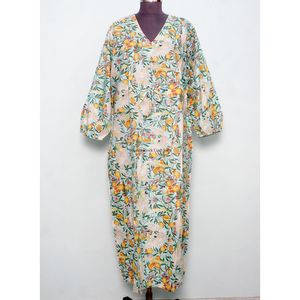 Nouvelle robe décontractée pour femme, imprimée à la main, à manches bouffantes, col en V, grande taille, silhouette droite, longueur cheville, taille naturelle - Product Image 4