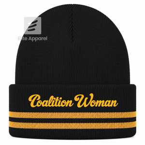 Custom NCBW 100 Black <b>Women</b> Knit <b>Beanie</b> black and Gold Casual Style embroidered logo with stripes for female - Product Image 1