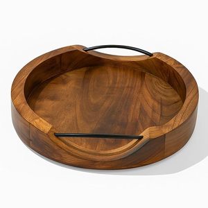 Modern Wood Serving <b>Tray</b> Round Decorative Drink Carrier with Side Handles for Beverage Snack Tabletop - Product Image 2