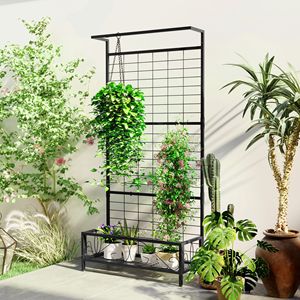Supporto per Piante Alto in Metallo Nero con Traliccio e Barra Appendibile 91,44 cm x 32,56 cm x 187,96 cm, Porta Piante da Interno ed Esterno con Recinzione e Cancelli - Product Image 2