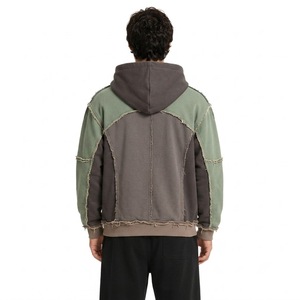 Sudadera con capucha con cremallera de bloques de color, desgastada, estilo urbano, con patchwork, para hombre, de forro polar grueso, venta al por mayor, OEM, marca privada - Product Image 2