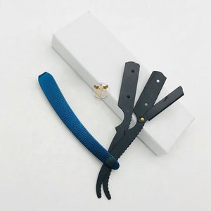 Rasoir droit professionnel QORVEX INSTRUMENTS en acier inoxydable avec manche texturé bleu pliable pour barbier et rasage du visage en salon - Product Image 1
