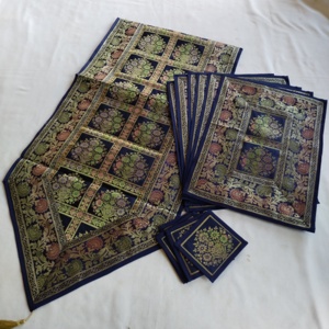 Floral Jacquard Wool/Silk Table <b>Runner</b> and Placemats Set Navy Blue Dining Table Decor <b>Washable</b> & Stain Resistant - Product Image 2