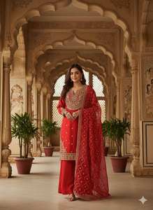 Venta al por mayor 2026 Nueva Llegada Traje de Seda Roja Pakistaní Bordado Personalizado Salwar Kameez de Alta Calidad para Fiesta Étnica - Product Image 2