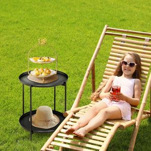 2-Tier Outdoor Metal <b>Round</b> Patio Side <b>Table</b> with Removable Tray Weather-Resistant Indoor End <b>Table</b> <b>Small</b> <b>Coffee</b> <b>Table</b> - Product Image 4