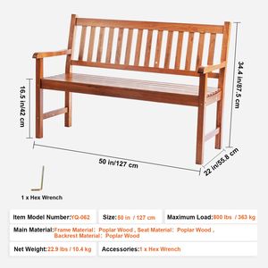Banc de jardin en bois d'extérieur de 50 pouces avec dossier et accoudoirs, capacité de charge de 800 lb pour les parcs et jardins extérieurs - Product Image 3