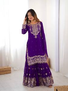 Ensemble Sharara avec broderie riche, détails fins au fil, touche perlée, et magnifique dupatta en tissu faux georgette, au toucher luxueux. - Product Image 2