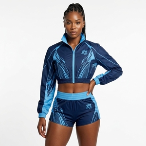 Ensemble veste coupe-vent et short multicolores pour femmes, manches longues, polyester tricoté, logo personnalisé, vêtements de sport pour femmes, ensembles respirants - Product Image 4