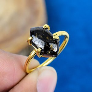 Natural Shungite Copper hexagon Shape Gemstone <b>Ring</b> Handmade 18k Gold Micron Over 925 Sterling <b>Silver</b> - Product Image 1