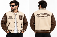 Veste universitaire personnalisée en crème et marron avec manches en cuir, veste de baseball brodée, streetwear universitaire haut de gamme