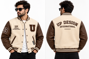 Chaqueta Varsity Personalizada Color Crema Marrón con Mangas de Cuero, Chaqueta de Béisbol con Letras Bordadas, Ropa Urbana Universitaria Premium - Product Image 3